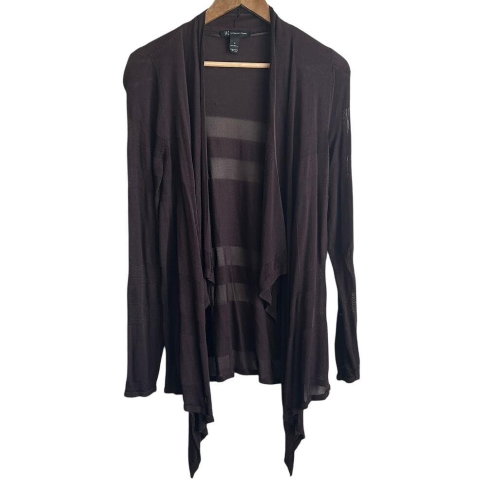 INC Women Boho Whimsigoth Cardigan M Brown Sheer Mesh Stripe Waterfall Open